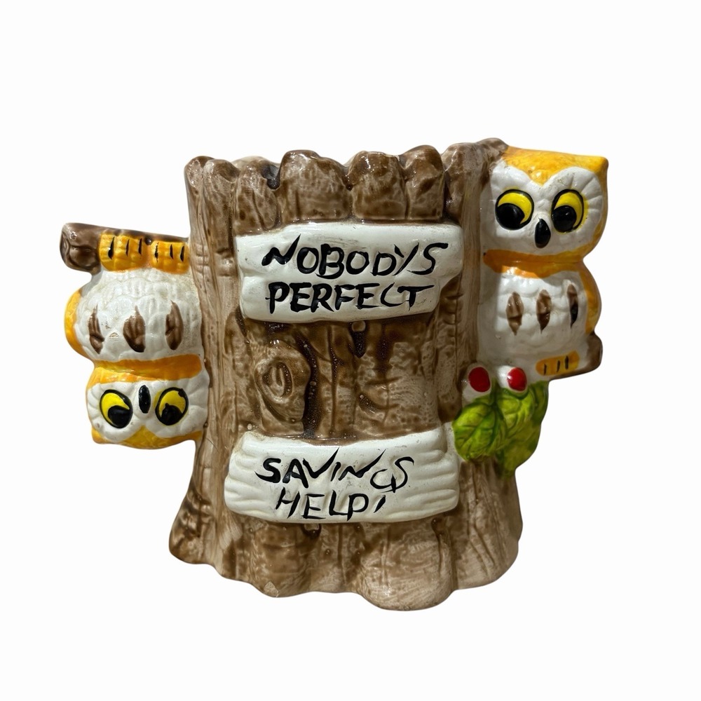 Vintage Enesco Owl Coin‎ Bank Ceramic Hand Painted Nobody's Perfect Savings Help